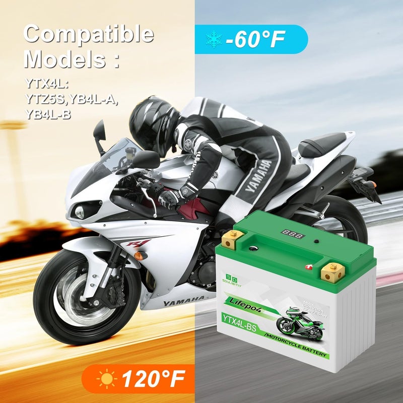 SDULIBITIY بطارية دراجة نارية ليثيوم YTX4L-BS LiFePO4 12V 2.5Ah 200CCA عالية الأداء، متوافقة مع ATV، UTV، PWC، Seadoo، Polaris وبطارية مولد. - Image 4
